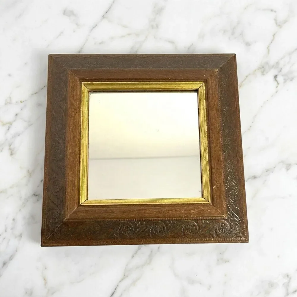 Vintage Home Interiors & Gifts Square Mirror Homco Faux Wood Gold Trim